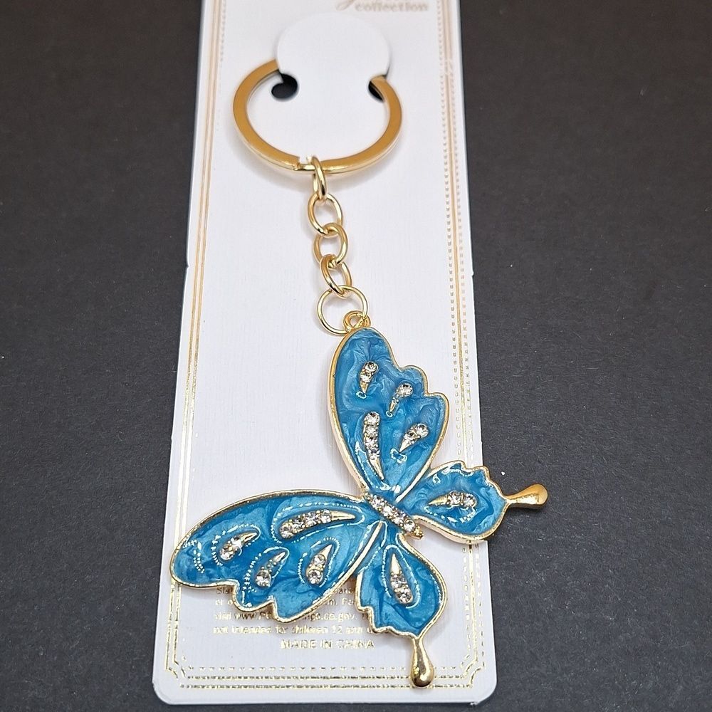 Gold blue Butterfly keychain sparkle  dangle charm keyring accessory
